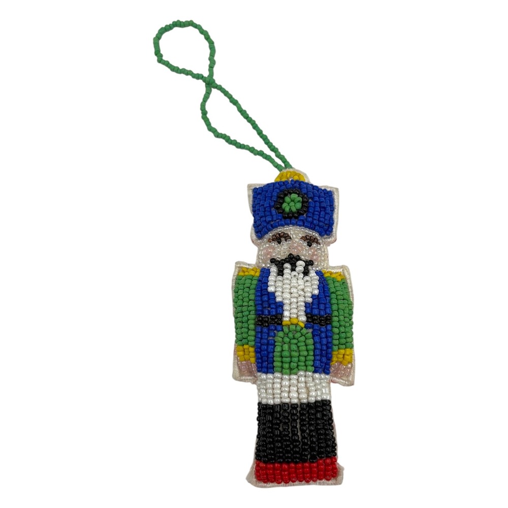 Vintage Beaded Nutcracker Christmas Ornament Handcrafted Seed Bead Fabric Back